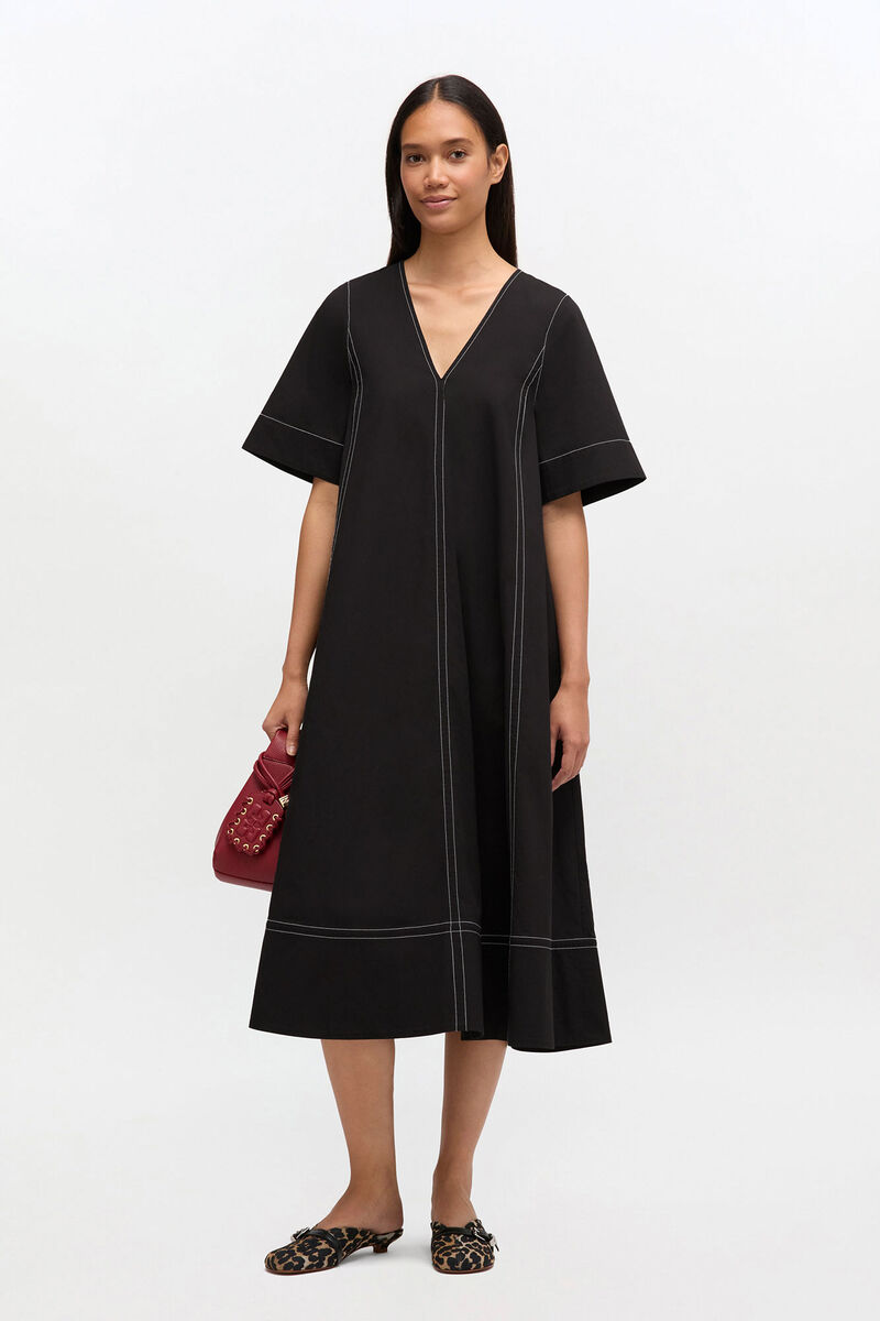 Black Cotton A-line Dress, Organic Cotton, in colour Black - 1 - GANNI