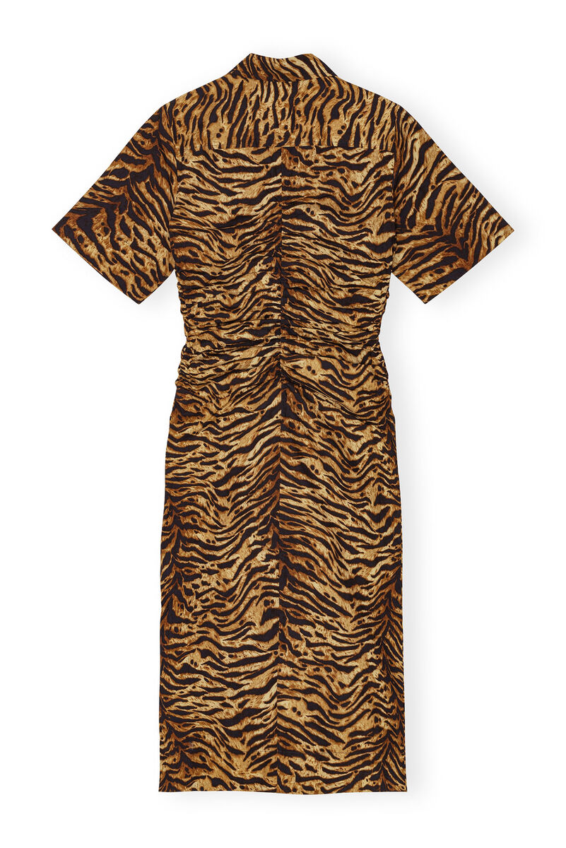 Animal Printed Cotton Gathered Midi-kjole, Cotton, in colour Ochre - 2 - GANNI