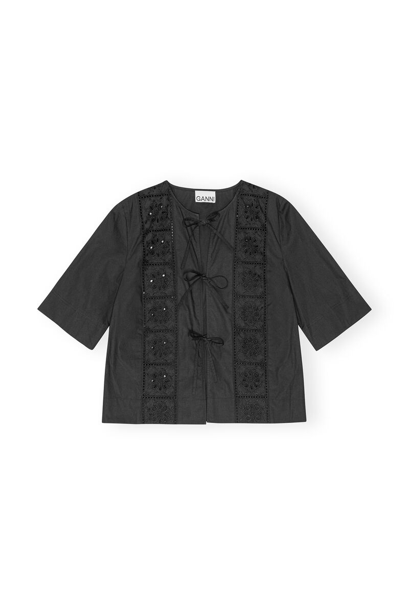 Black Broderie Anglaise Tie Bluse, Cotton, in colour Black - 1 - GANNI