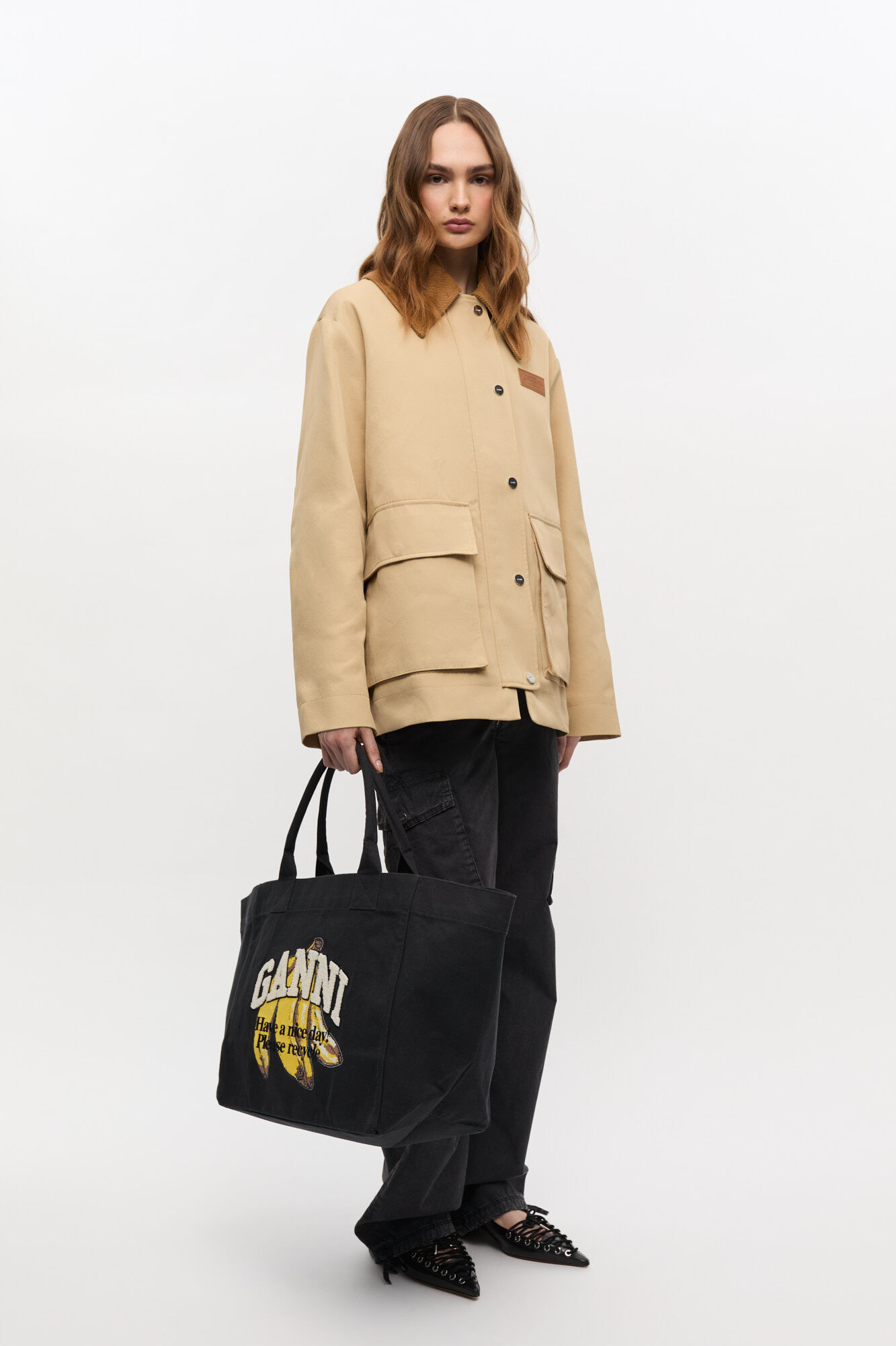 Black XXL Banana Print Tote, Recycled Cotton, in colour Black - 1 - GANNI
