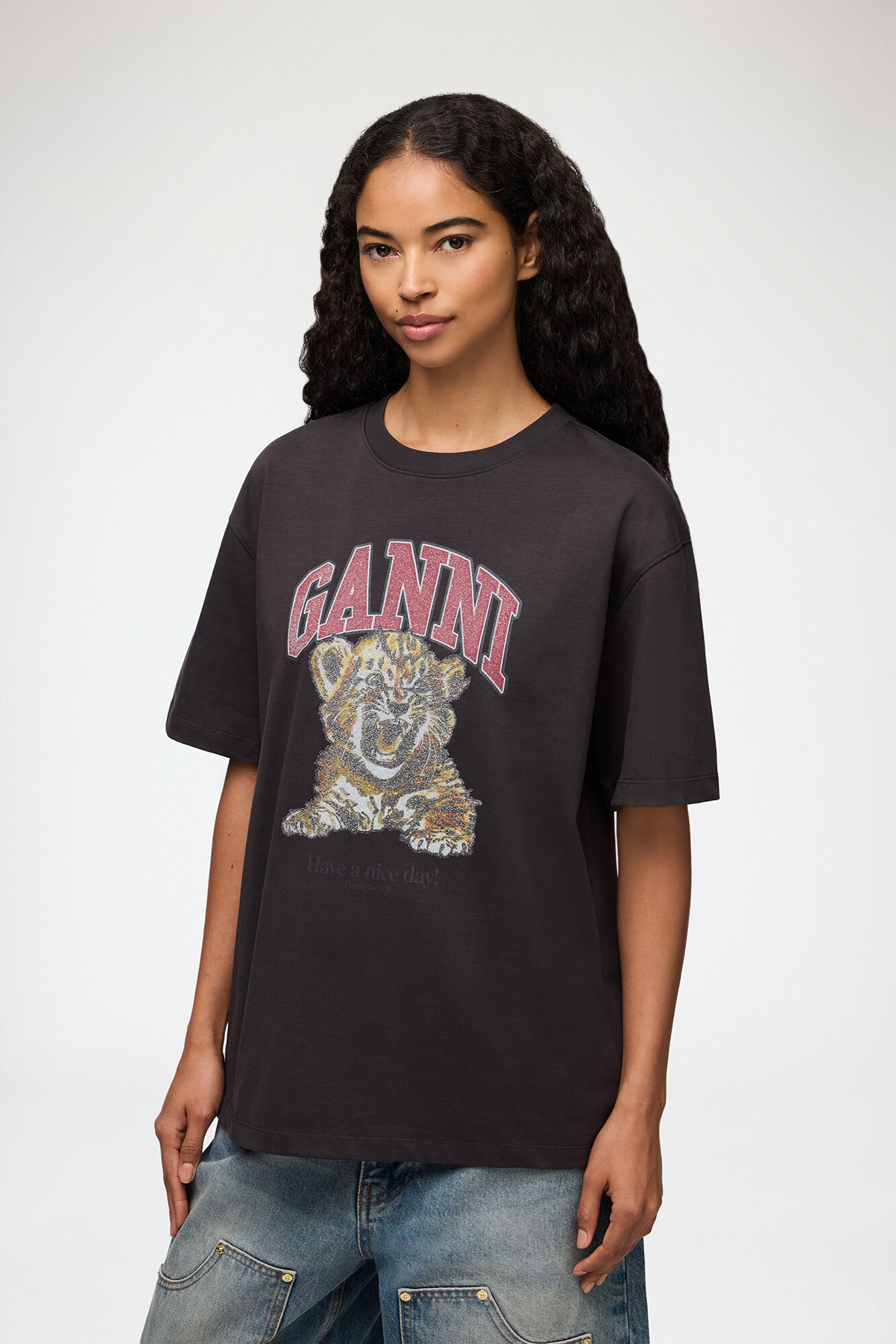 T-shirt med tiger, Organic Cotton, in colour Phantom - 1 - GANNI