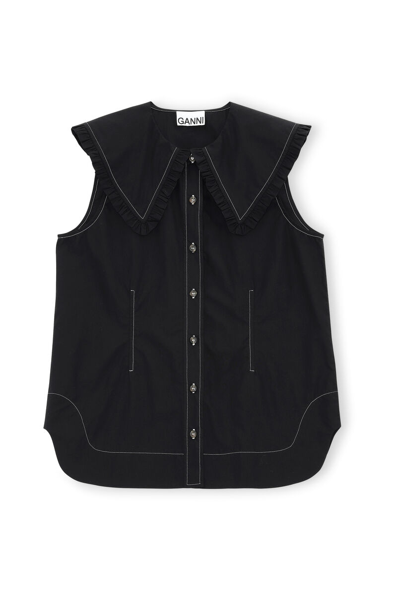Cotton Poplin Sleeveless Shirt, in colour Black - 1 - GANNI