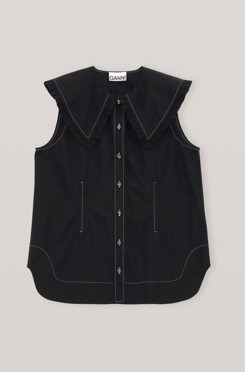 가니 민소매 셔츠 Ganni Cotton Poplin Sleeveless Shirt,Black