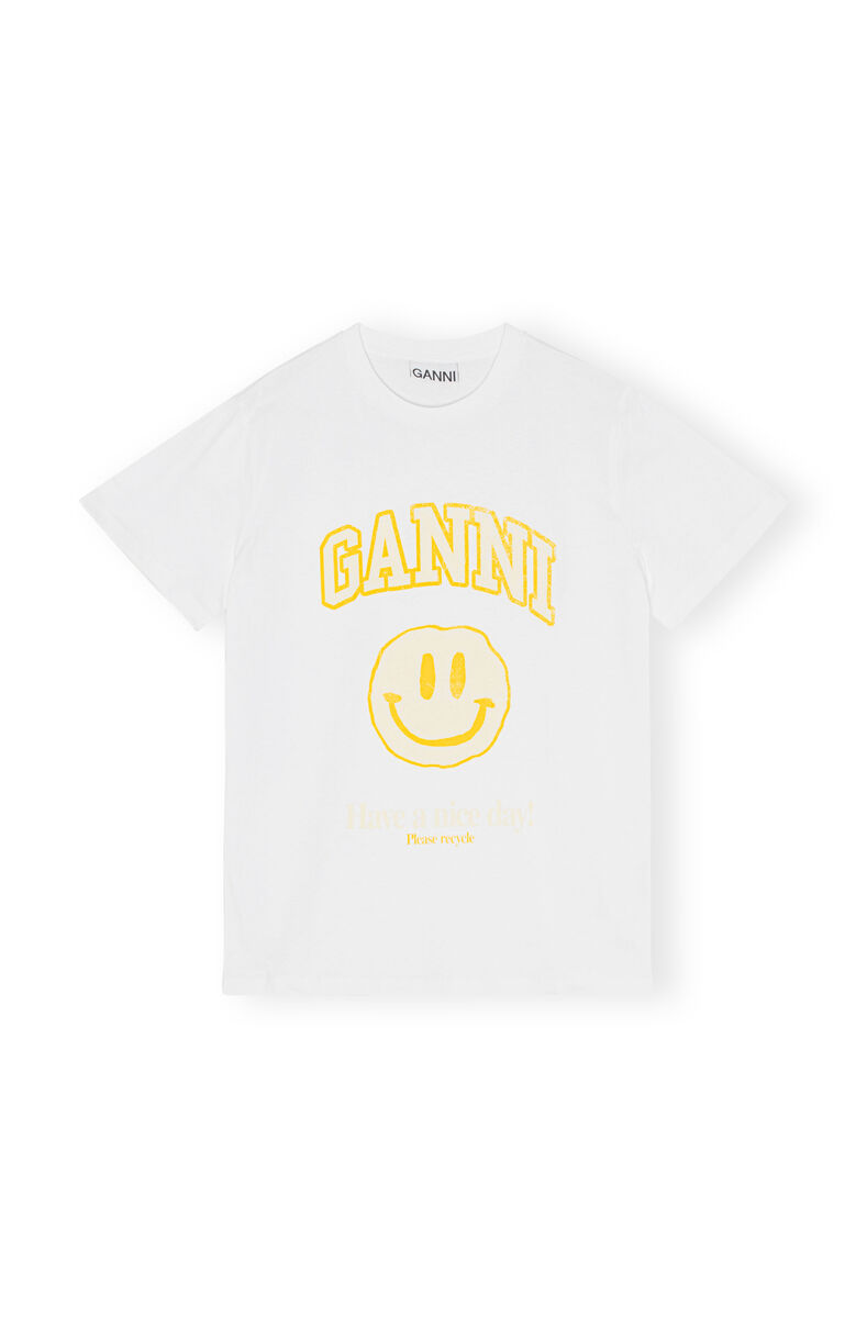 Basic Cotton Jersey O-neck Yellow Smiley Relaxed T-Shirt, Cotton, in colour Bright White - 1 - GANNI