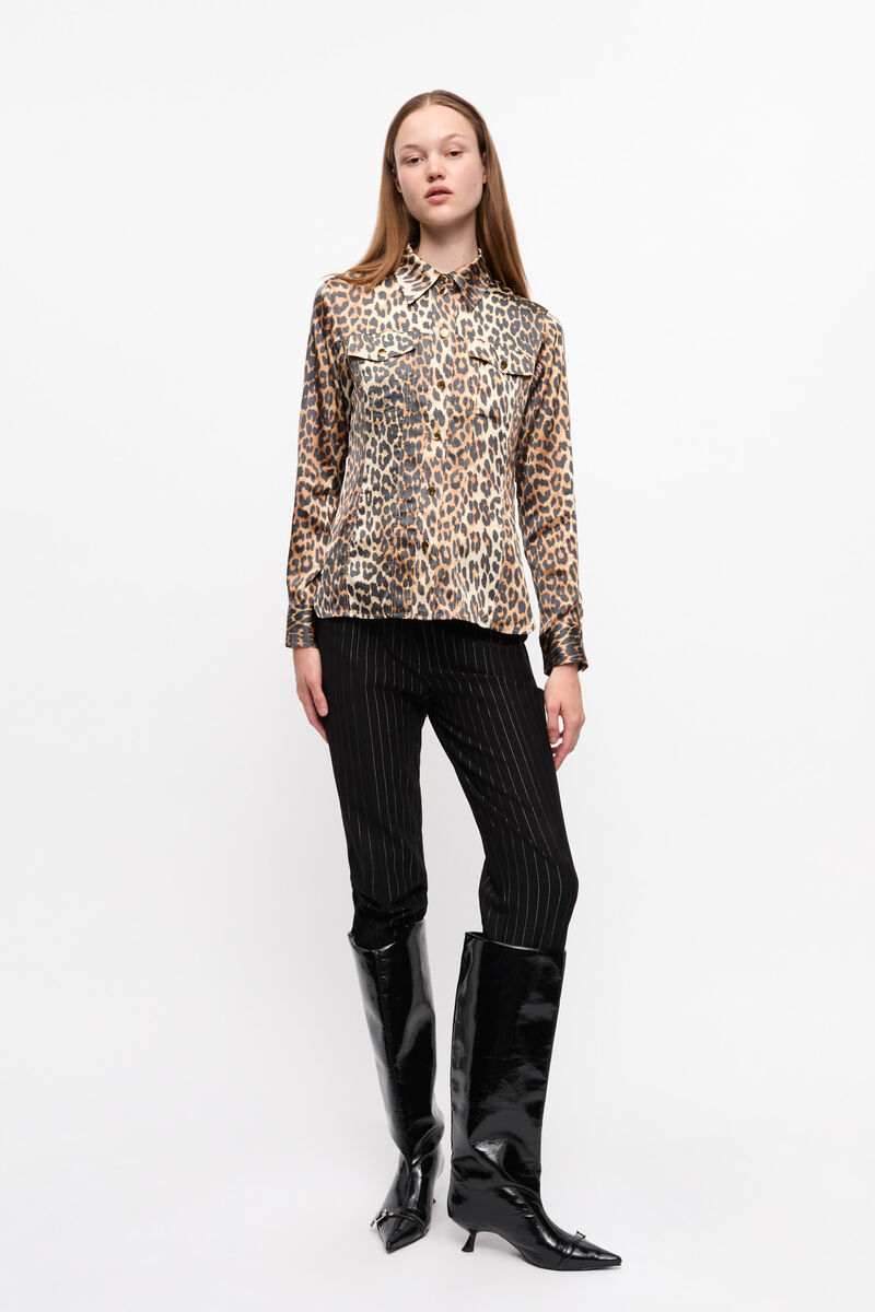 Leopard Print Satin Shirt, Spandex, in colour Leopard - 3 - GANNI