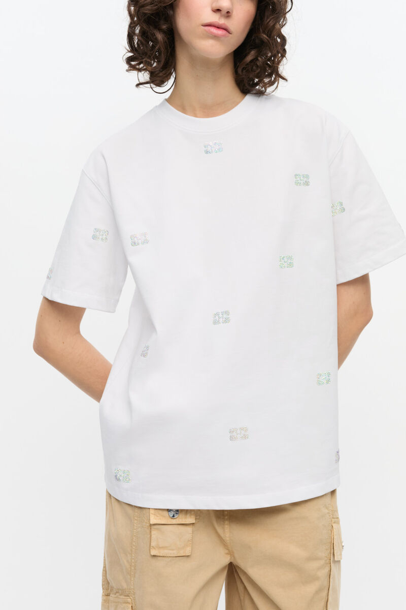 White Heavy Cotton Rhinestone T-shirt, Organic Cotton, in colour Bright White - 1 - GANNI
