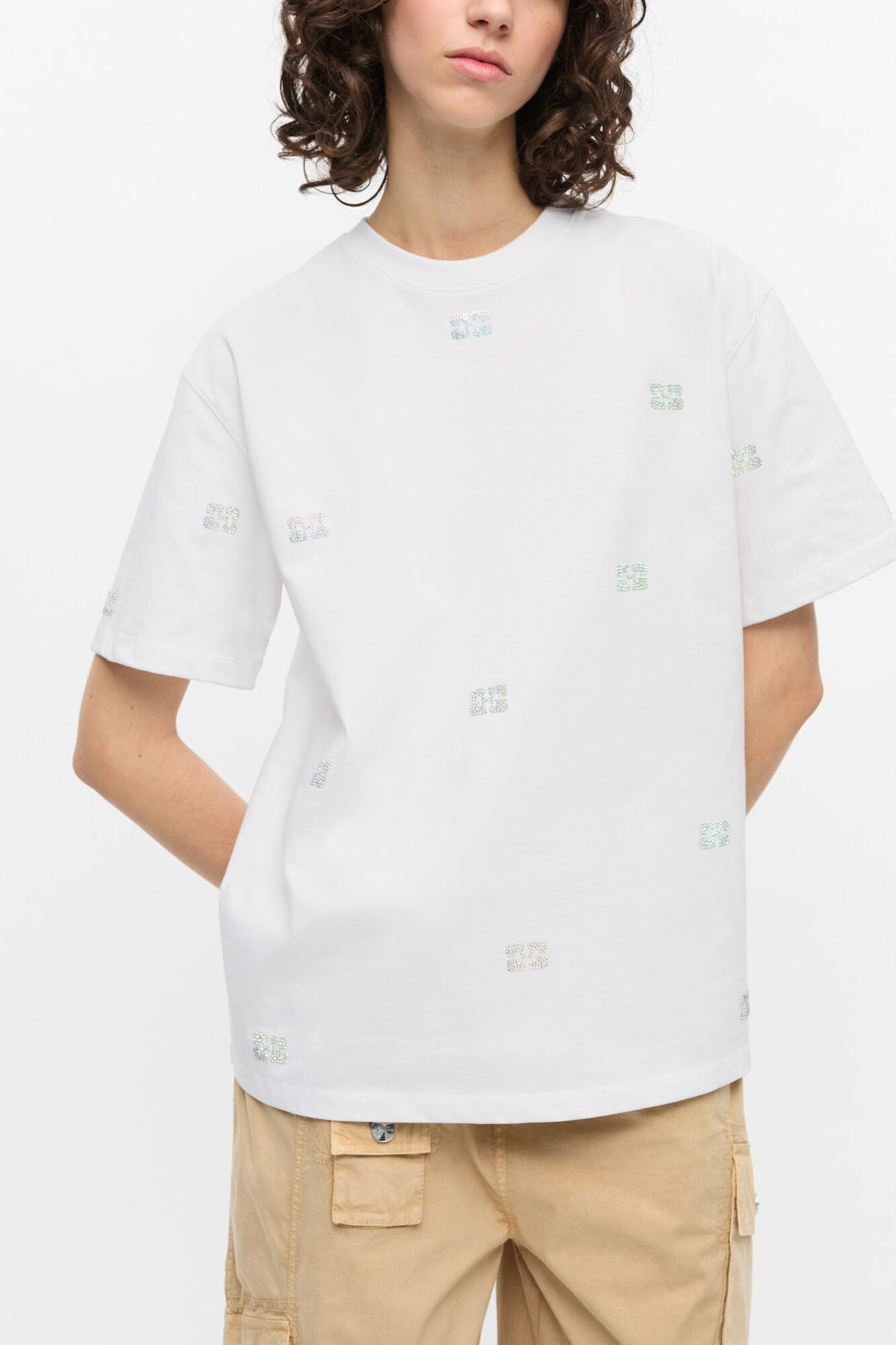 White Heavy Cotton Rhinestone T-shirt, Organic Cotton, in colour Bright White - 1 - GANNI