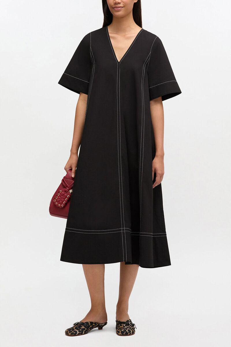 Black Cotton A-line Dress, Organic Cotton, in colour Black - 1 - GANNI