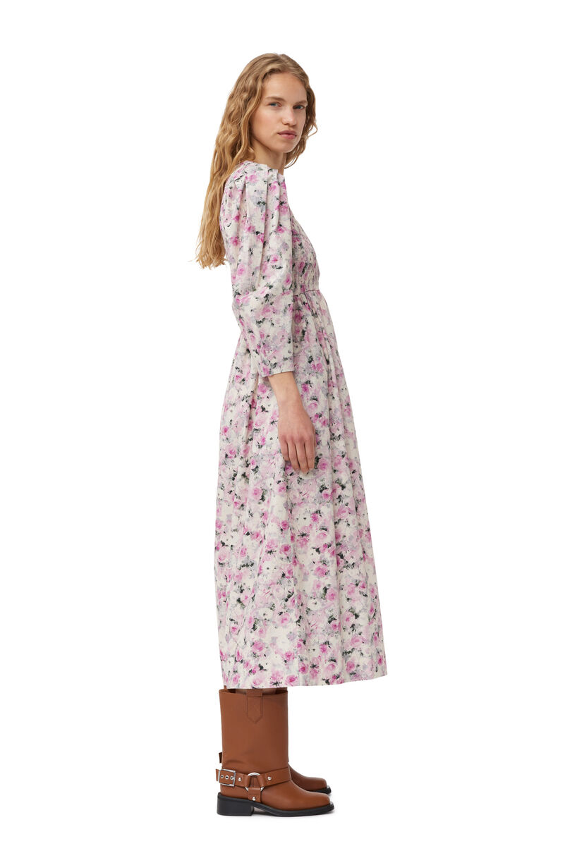 Printed Cotton Open-neck Smock Long Dress, Cotton, in colour Orchid Smoke - 3 - GANNI