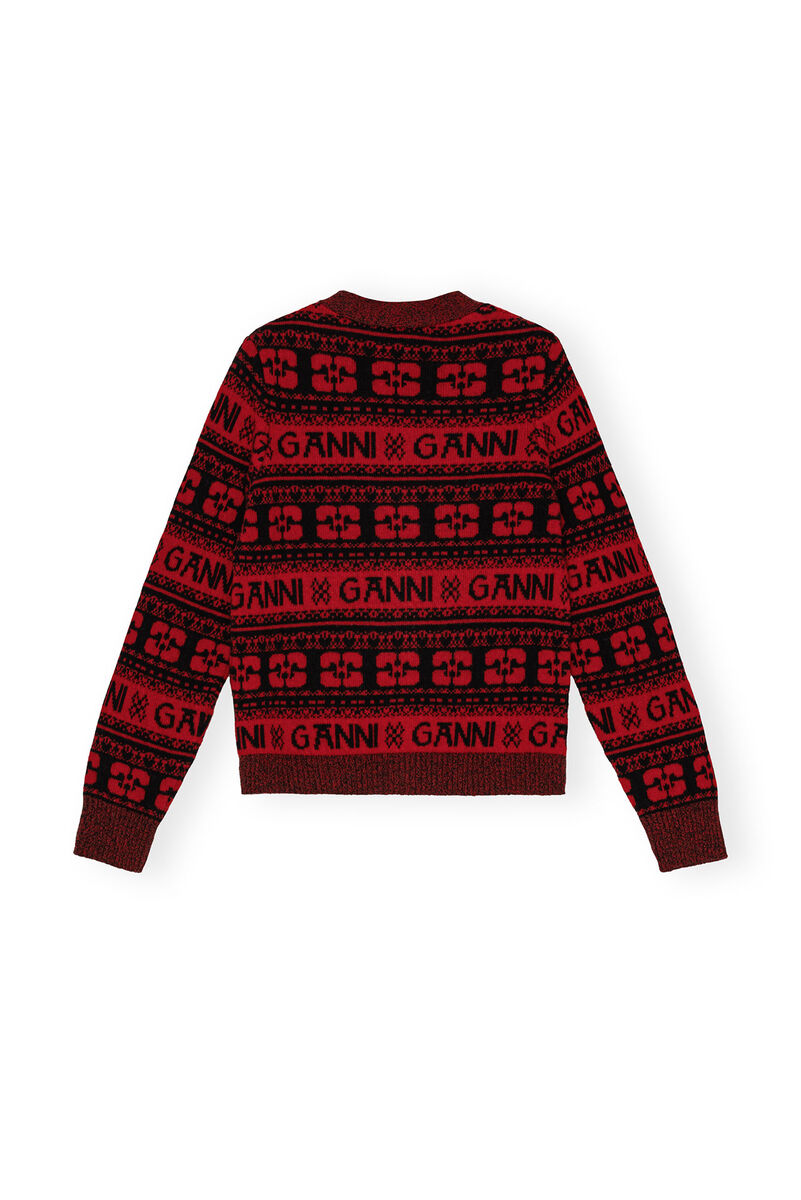 Cardigan Red Sequins Logo Wool Mix, Recycled Polyamide, in colour High Risk Red - 2 - GANNI