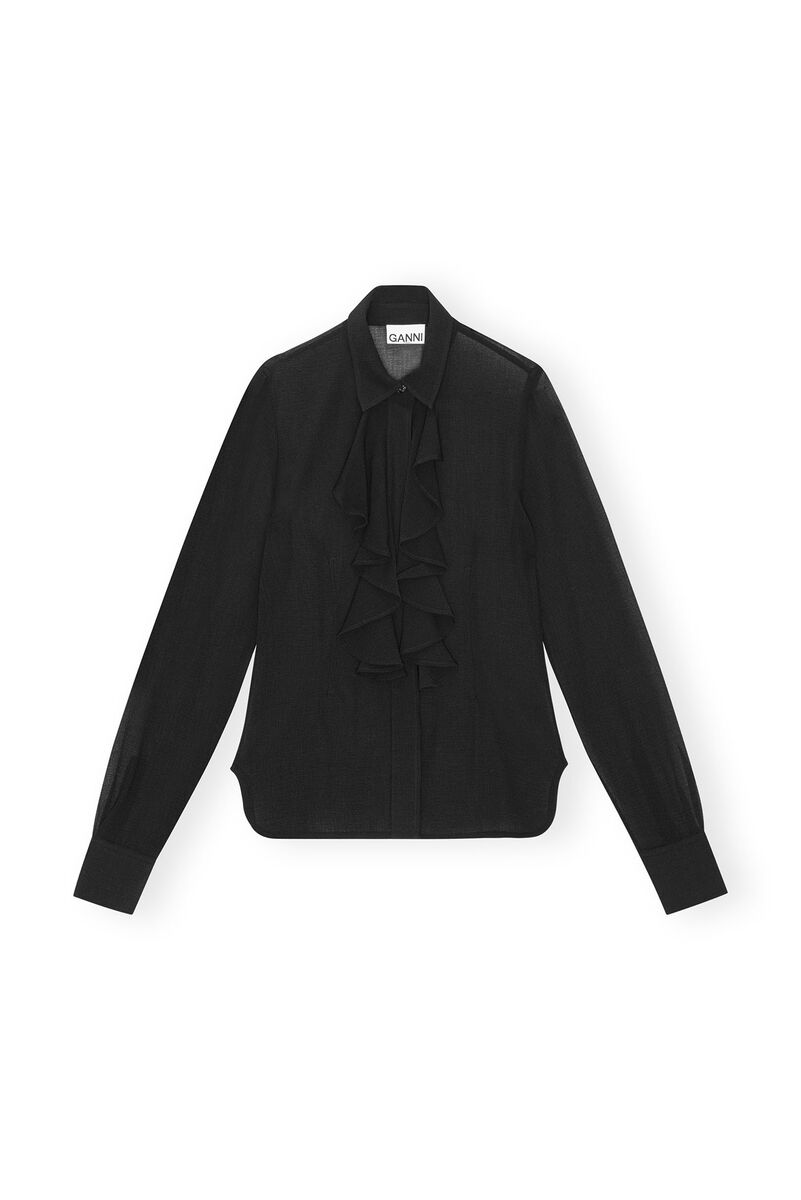 Schwarzes Chiffon-Rüschenhemd, Recycled Polyester, in colour Black - 1 - GANNI