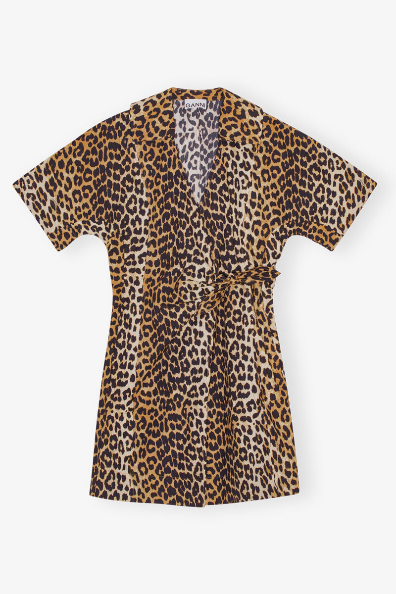 Leopard Printed Cotton Wrap Mini Dress, Cotton, in colour Leopard - 1 - GANNI