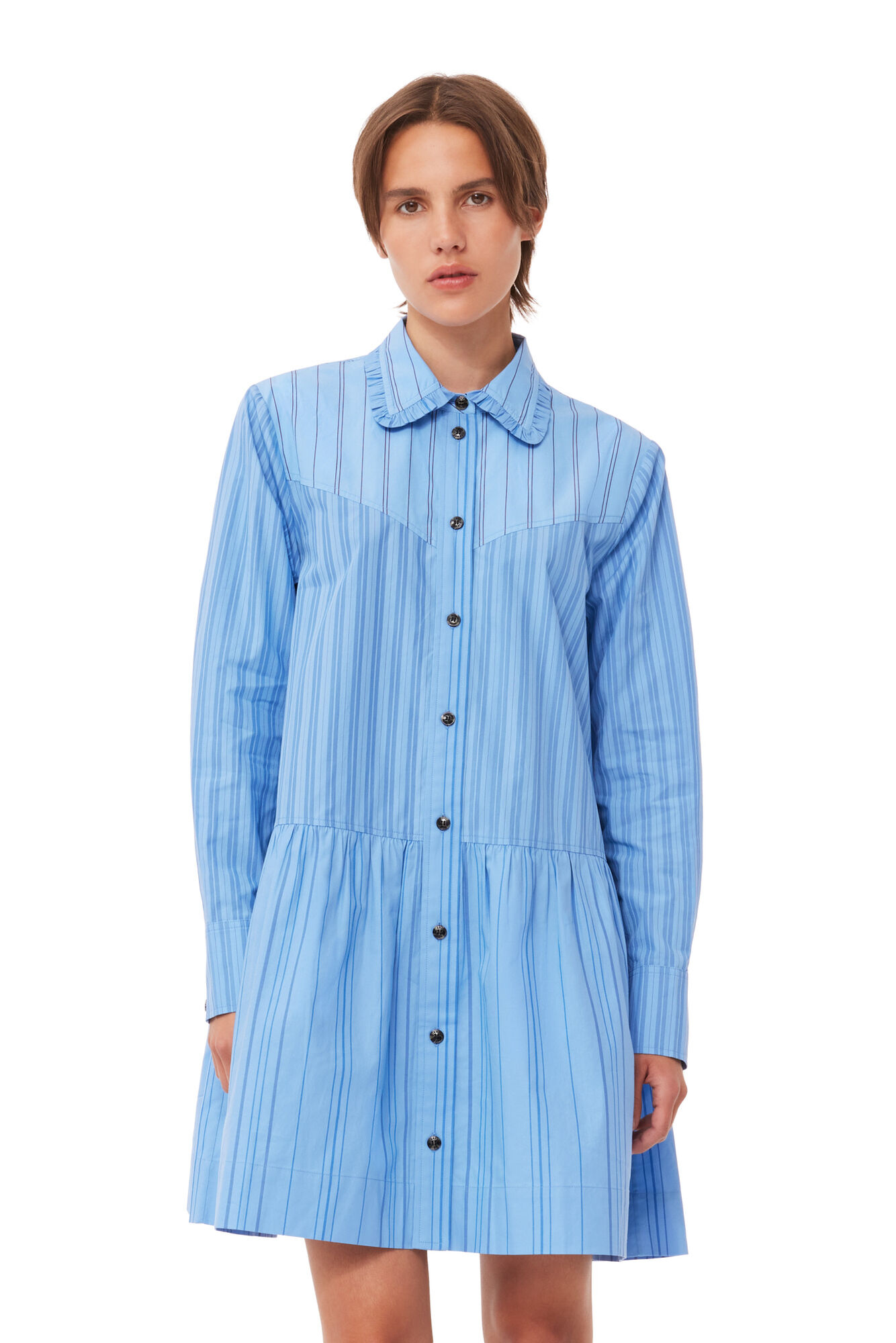 Gestreiftes „Re-cut“-Cotton-Mini-Hemdkleid, Cotton, in colour Silver Lake Blue - 4 - GANNI