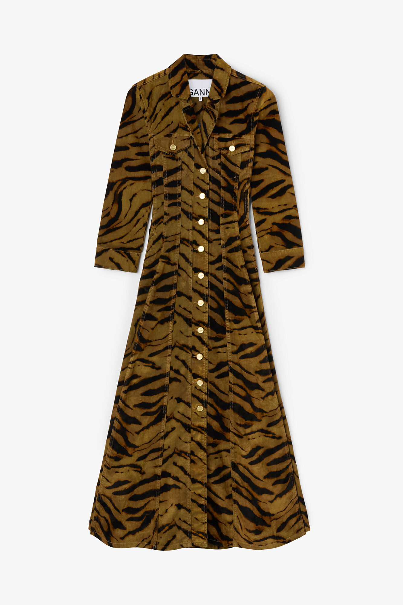 Tiger Print Denim Dress, Recycled Cotton, in colour Khaki - 1 - GANNI