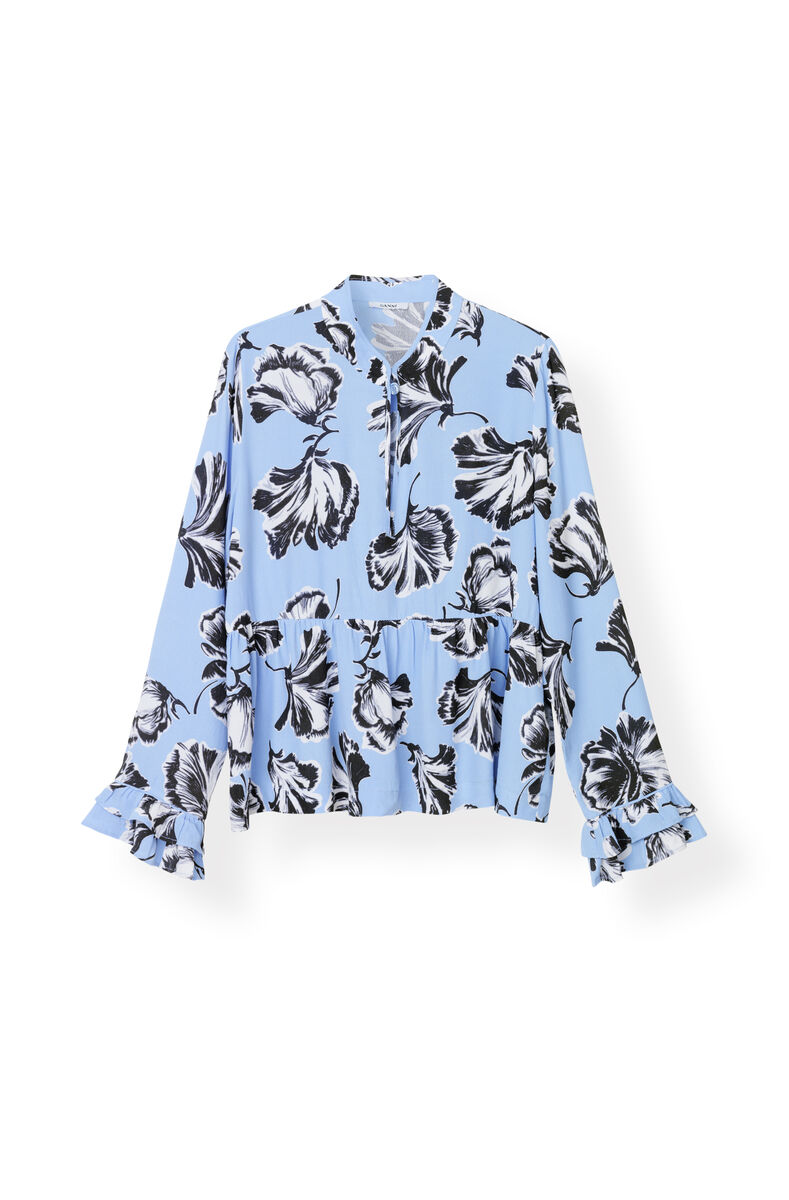Printed Crepe Blouse, Crepe, in colour Serenity Blue - 1 - GANNI