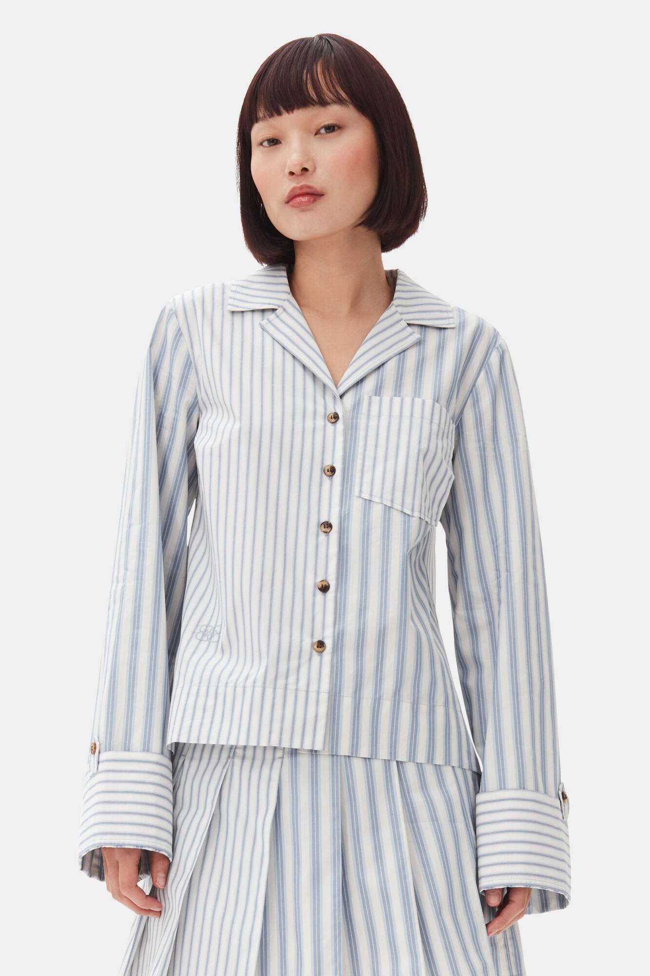 Blue Stripe Cotton Shirt, Cotton, in colour Egret - 1 - GANNI