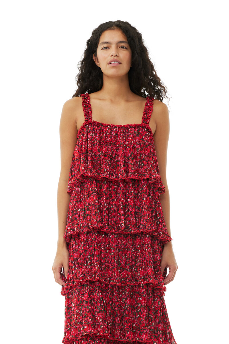 Red Pleated Georgette Flounce Strap Midi klänning, Recycled Polyester, in colour Racing Red - 2 - GANNI
