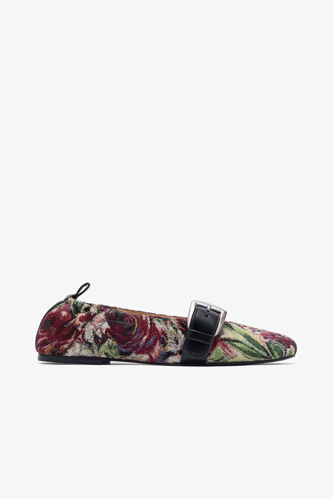 Tapestry Buckle Strap Ballerinas, Tawny Port