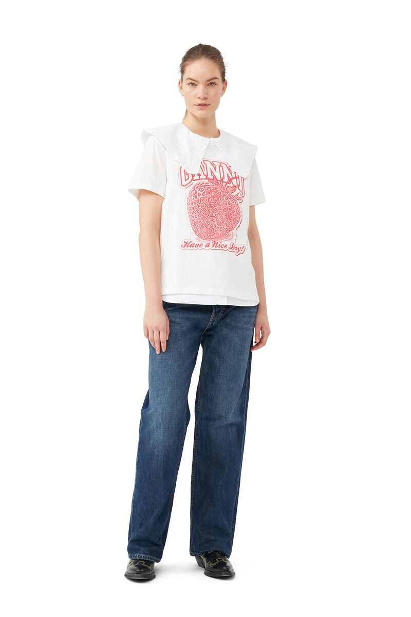 Strawberry Relaxed T-shirt, Cotton, in colour Egret - 1 - GANNI