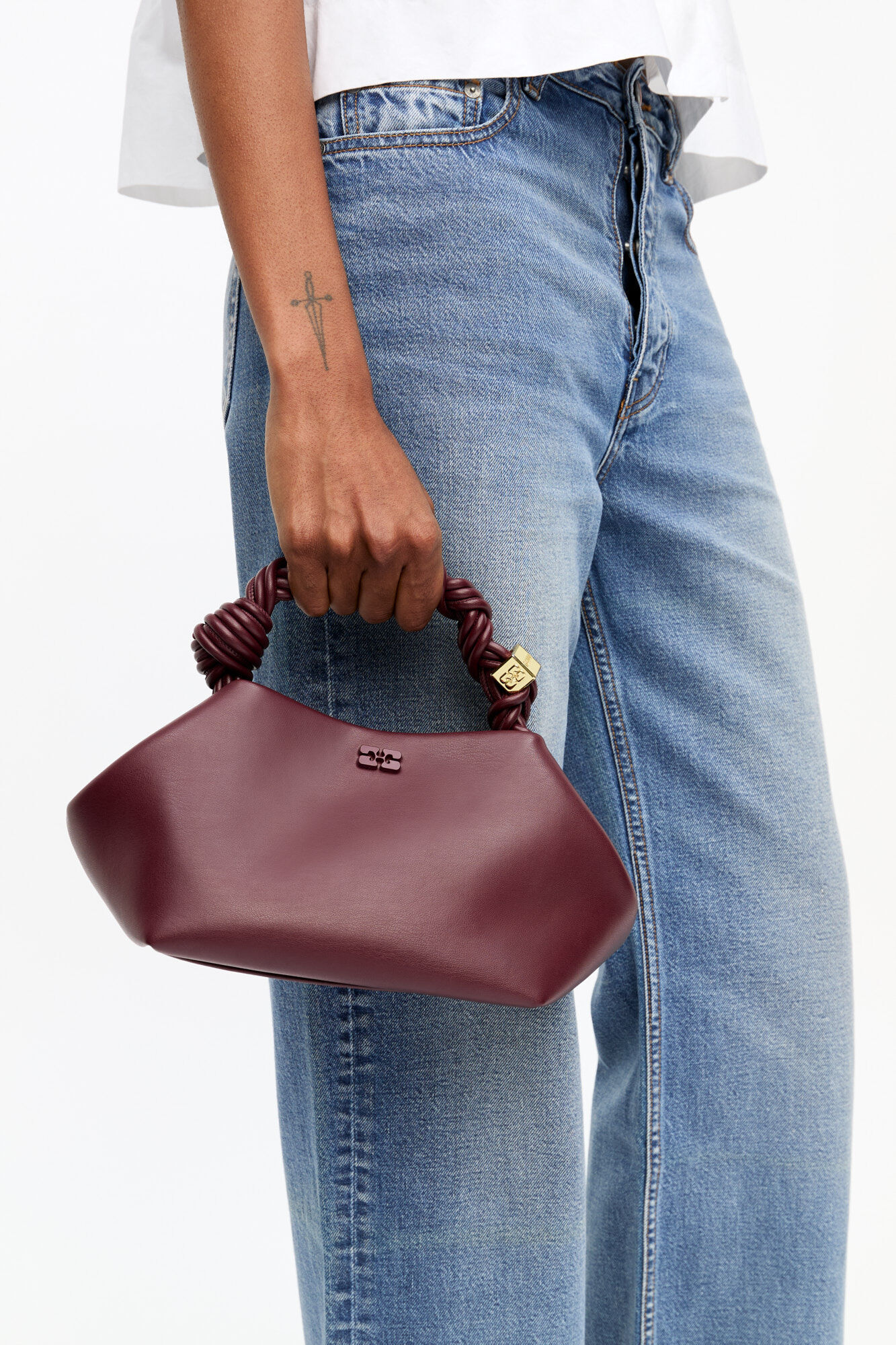 Burgundy Small Bou Bag, Recycled Leather, in colour Burgundy - 2 - GANNI