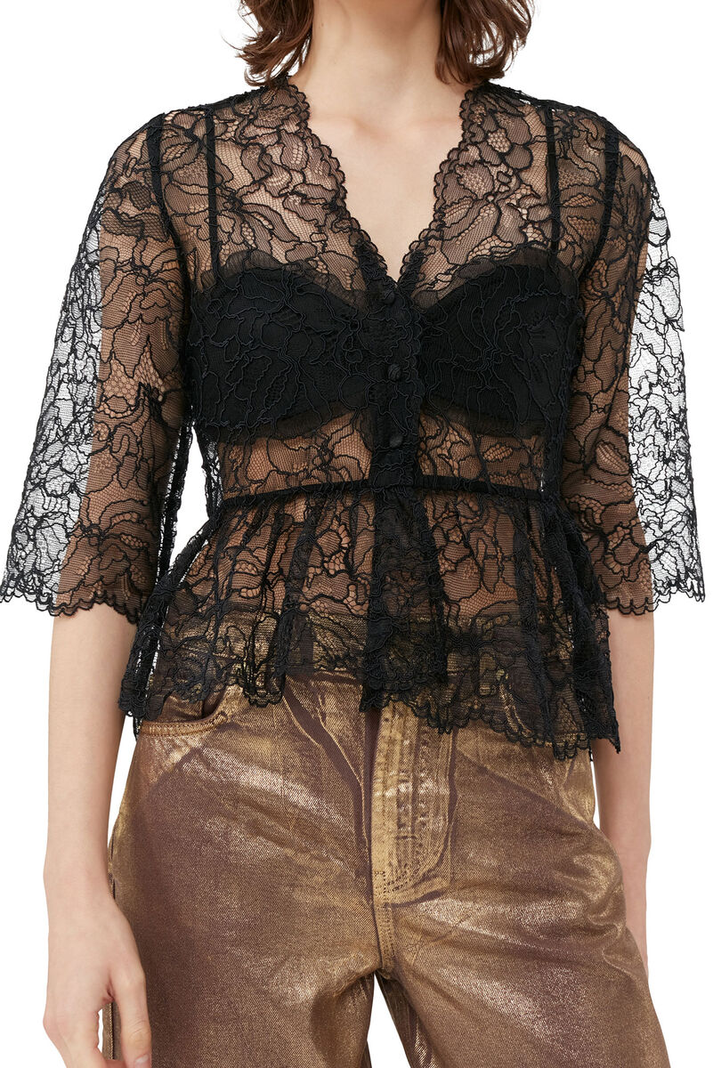„Black Light Lace V-neck“-Bluse, Organic Cotton, in colour Black - 5 - GANNI