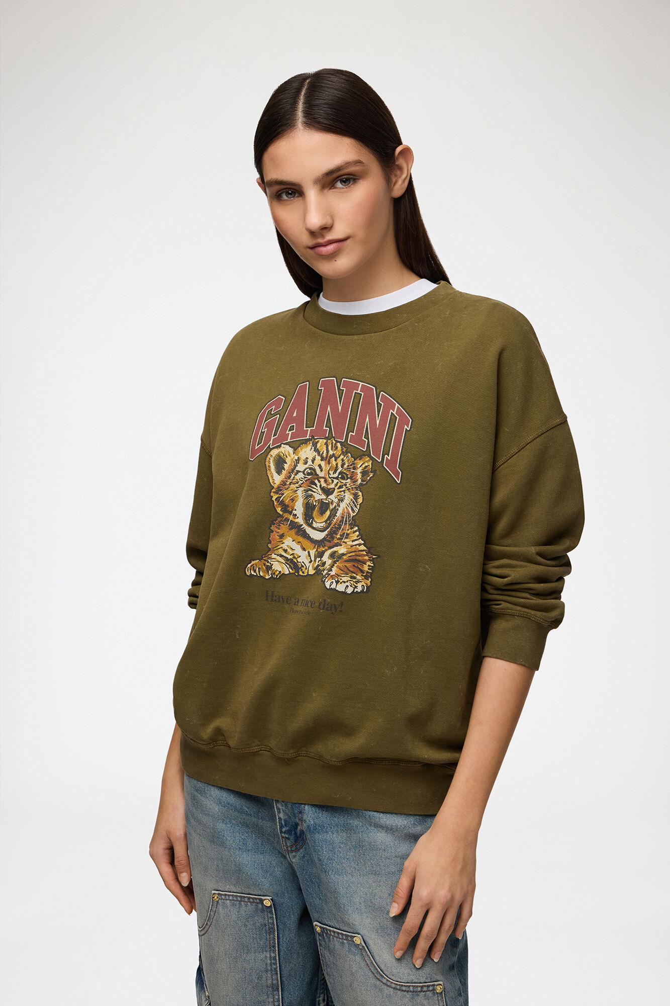 Crewneck with Tiger, Organic Cotton, in colour Military Olive - 1 - GANNI