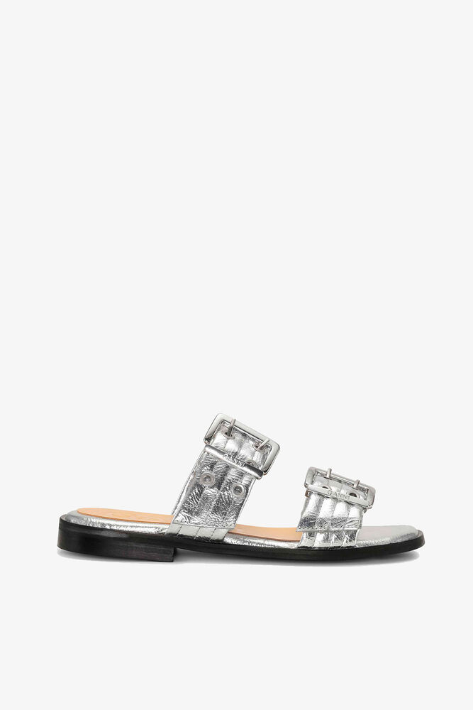 Silver Metallic Feminine Buckle Two-Strap Sandals, Silver