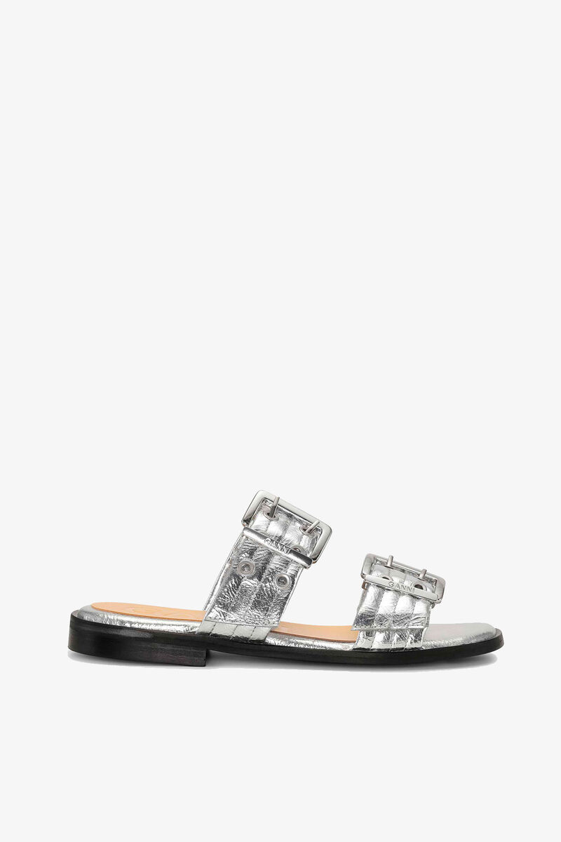 Silver Metallic Feminine Buckle Two-Strap Sandals, Polyurethane, in colour Silver - 1 - GANNI