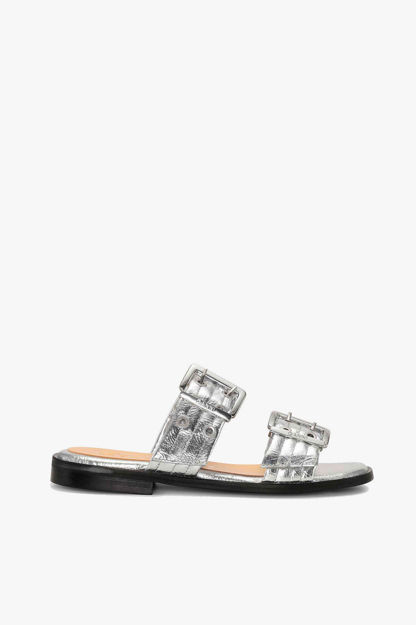Silver Metallic Feminine Buckle Two-Strap Sandals, Polyurethane, in colour Silver - 1 - GANNI