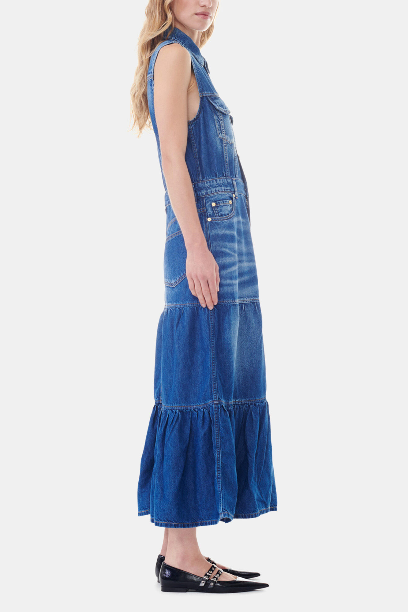 Blue Denim Long Dress, Organic Cotton, in colour Mid Blue Vintage - 3 - GANNI