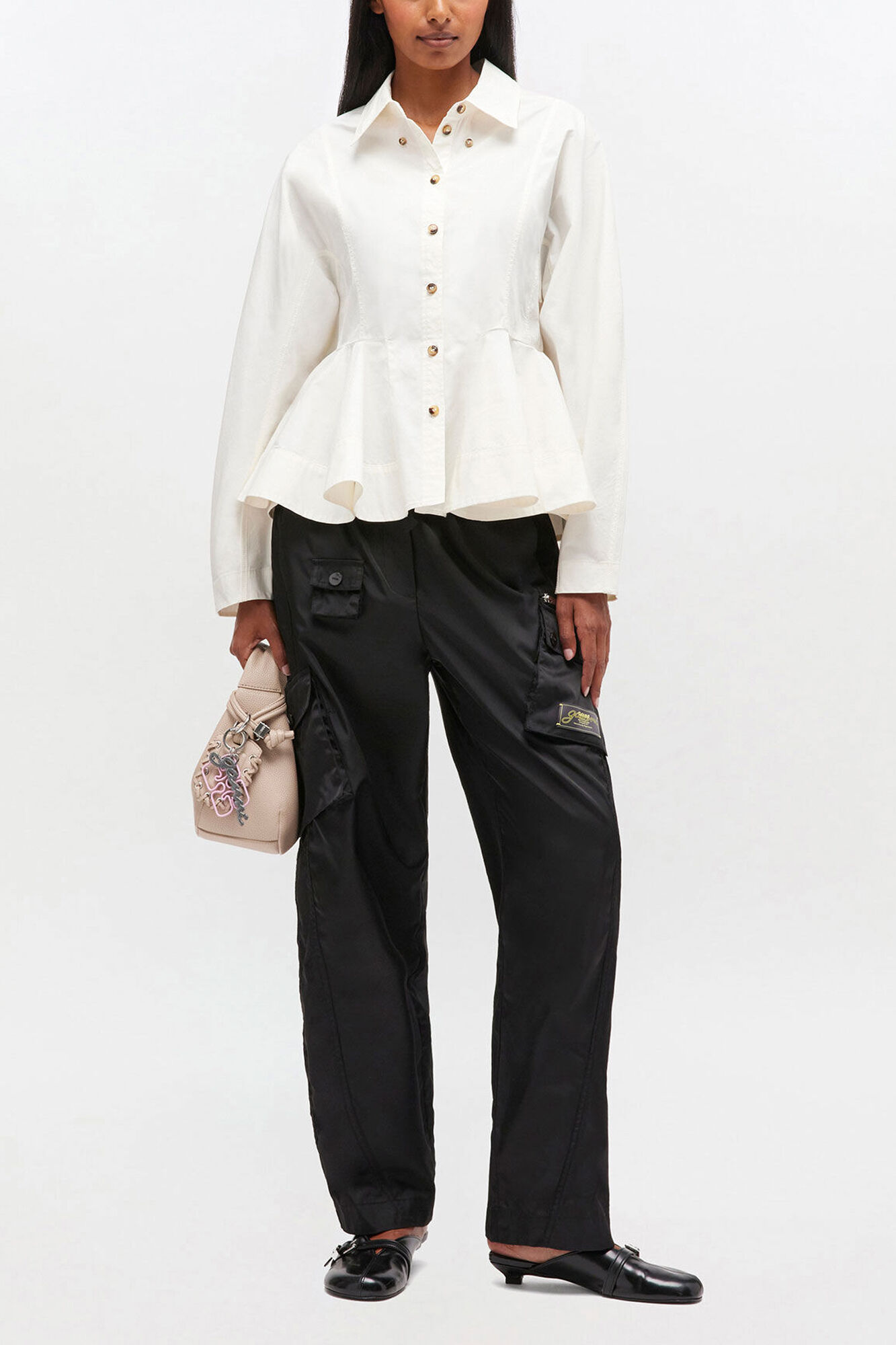 Ivory Peplum Shirt, Organic Cotton, in colour Egret - 2 - GANNI