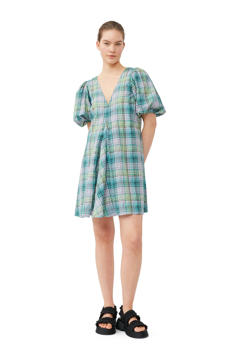 Seersucker Check V-Neck Mini Dress, Organic Cotton, in colour Lagoon - 1 - GANNI