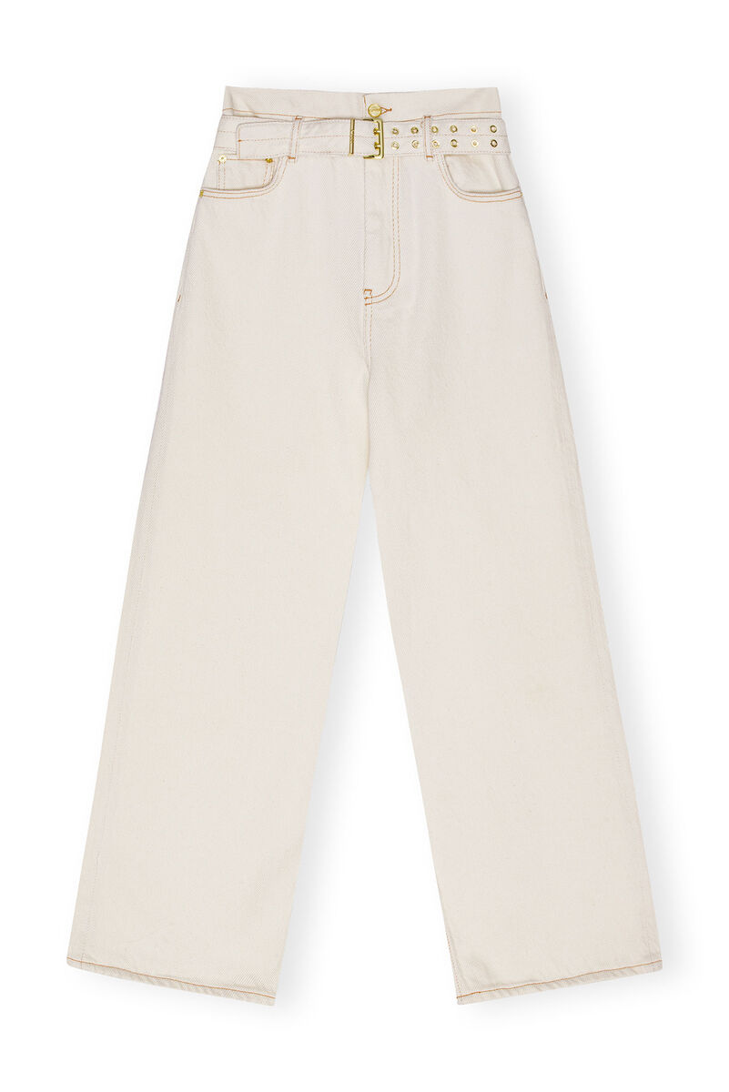 White Heavy Denim Paperbag Jeans, Cotton, in colour Egret - 1 - GANNI
