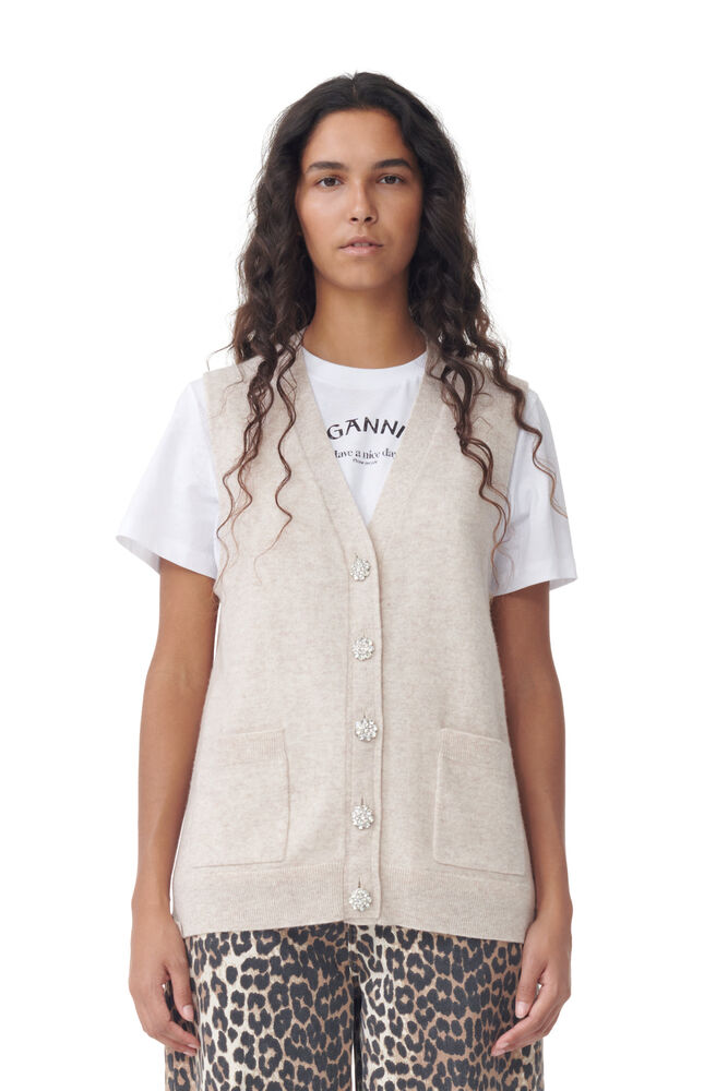 Cashmere Mix Button Vest, Oyster Gray