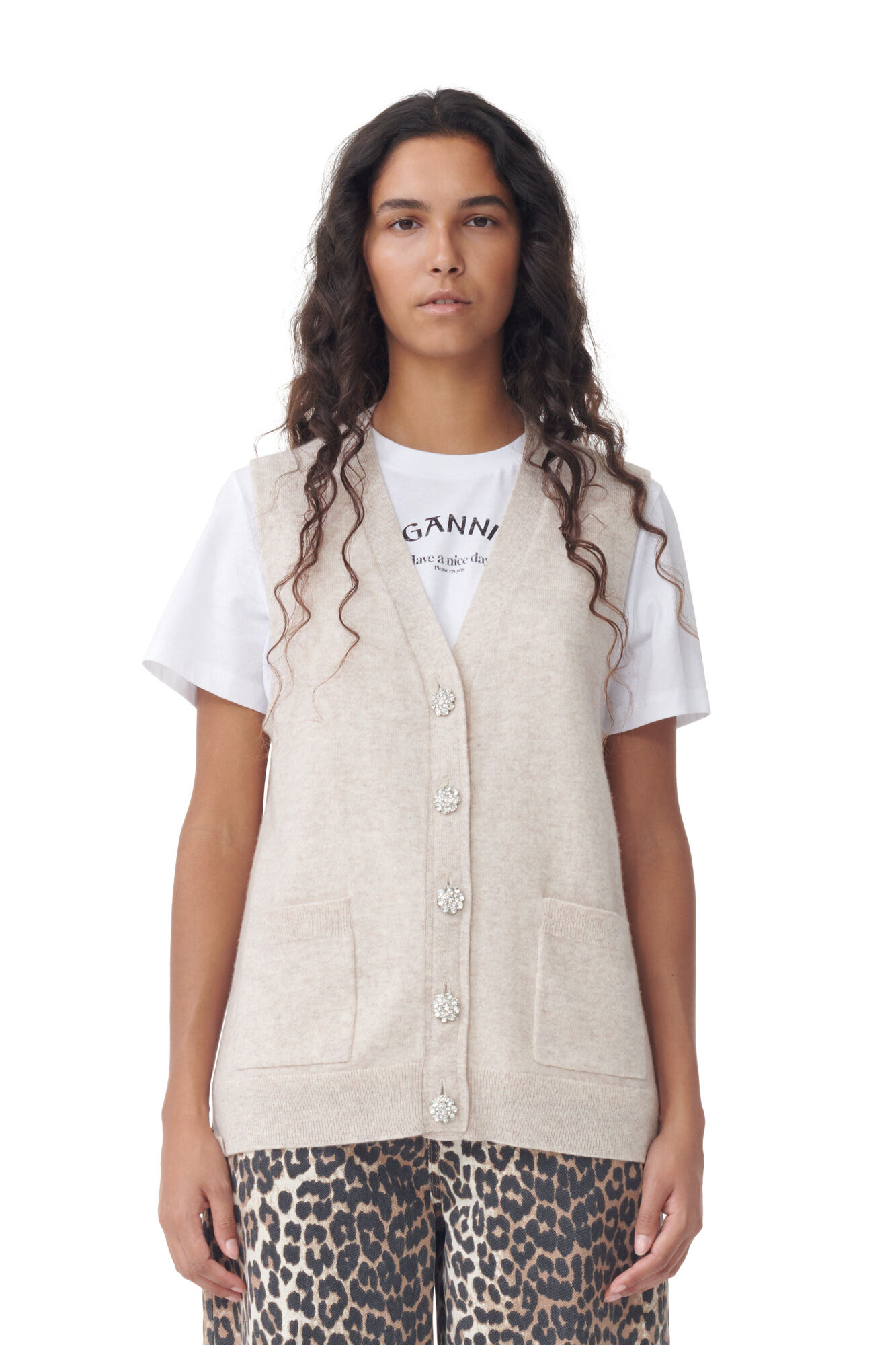 Cashmere Mix Button Vest, Cashmere, in colour Oyster Gray - 1 - GANNI