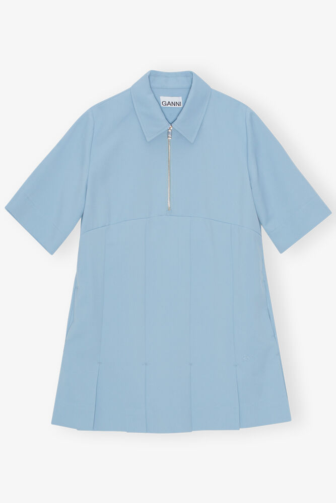 Light Blue Twill Suiting Mini Dress, Dusty Blue