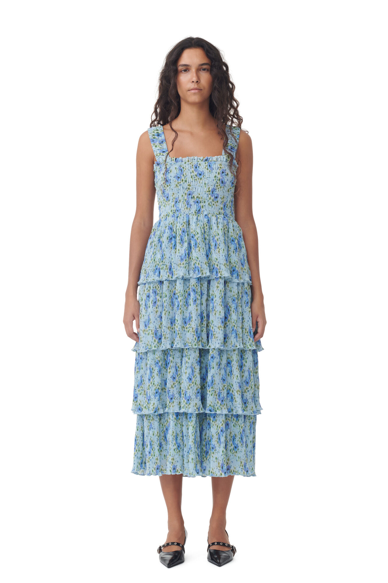 Pleated Georgette Smock Midikjole, Recycled Polyester, in colour Ice Water - 1 - GANNI
