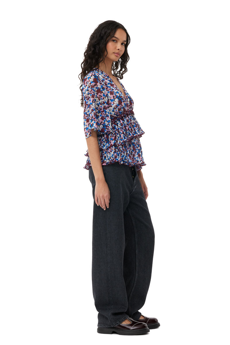 Multicolour Multicolour Pleated Georgette V-neck Flounce Bluse  