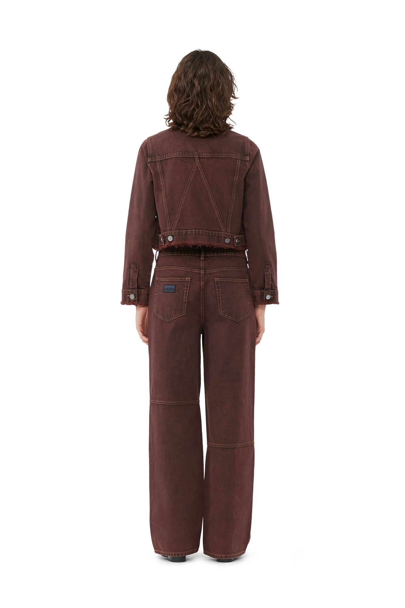 Overdyed Bleach Denim Cropped Jacket, Cotton, in colour Shaved Chocolate - 3 - GANNI