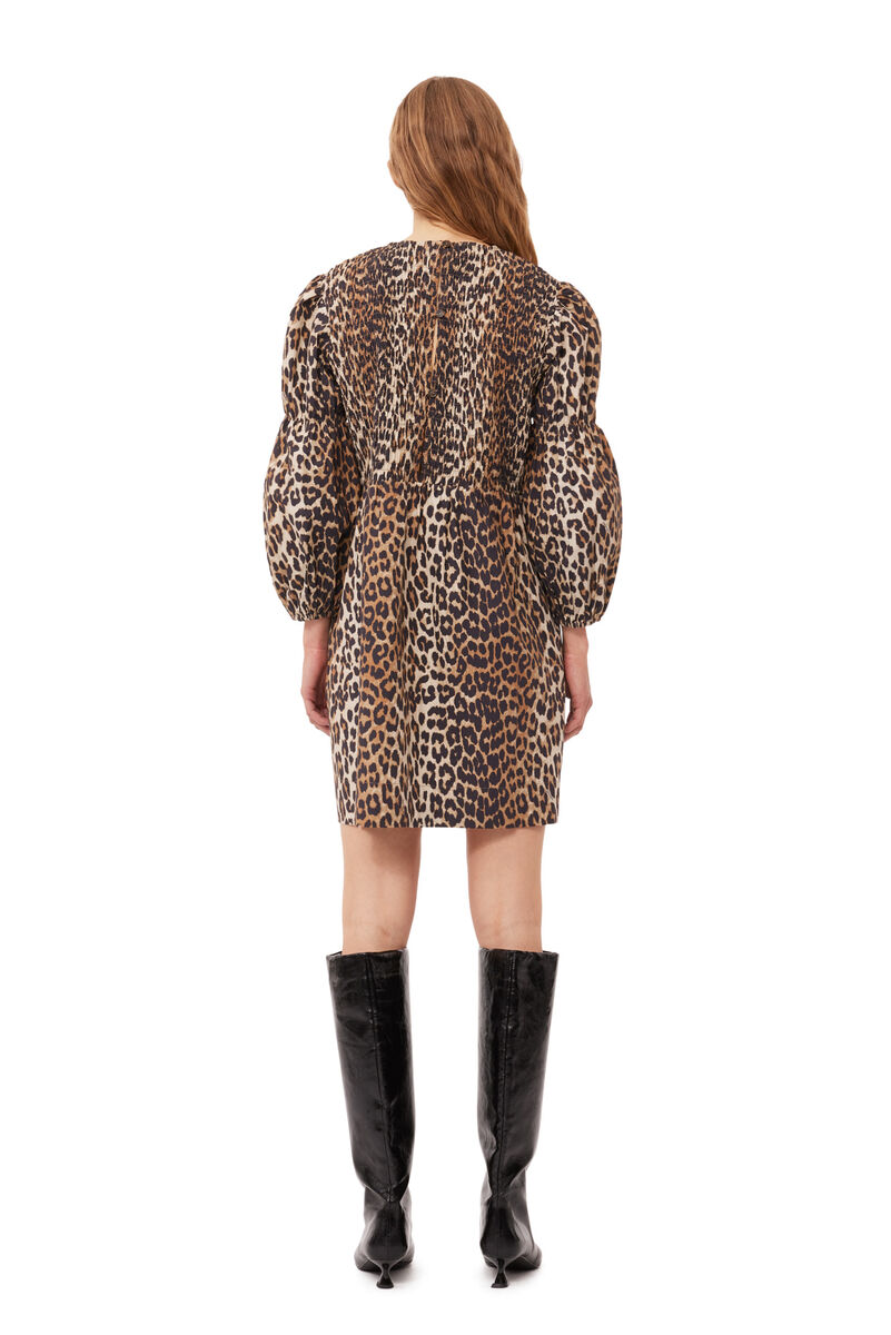 Leopard Cotton Poplin Smock Mini Dress, Cotton, in colour Leopard - 2 - GANNI