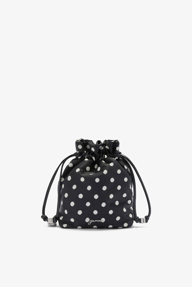 Printed Bou Bucket Pouch with Dots, Black