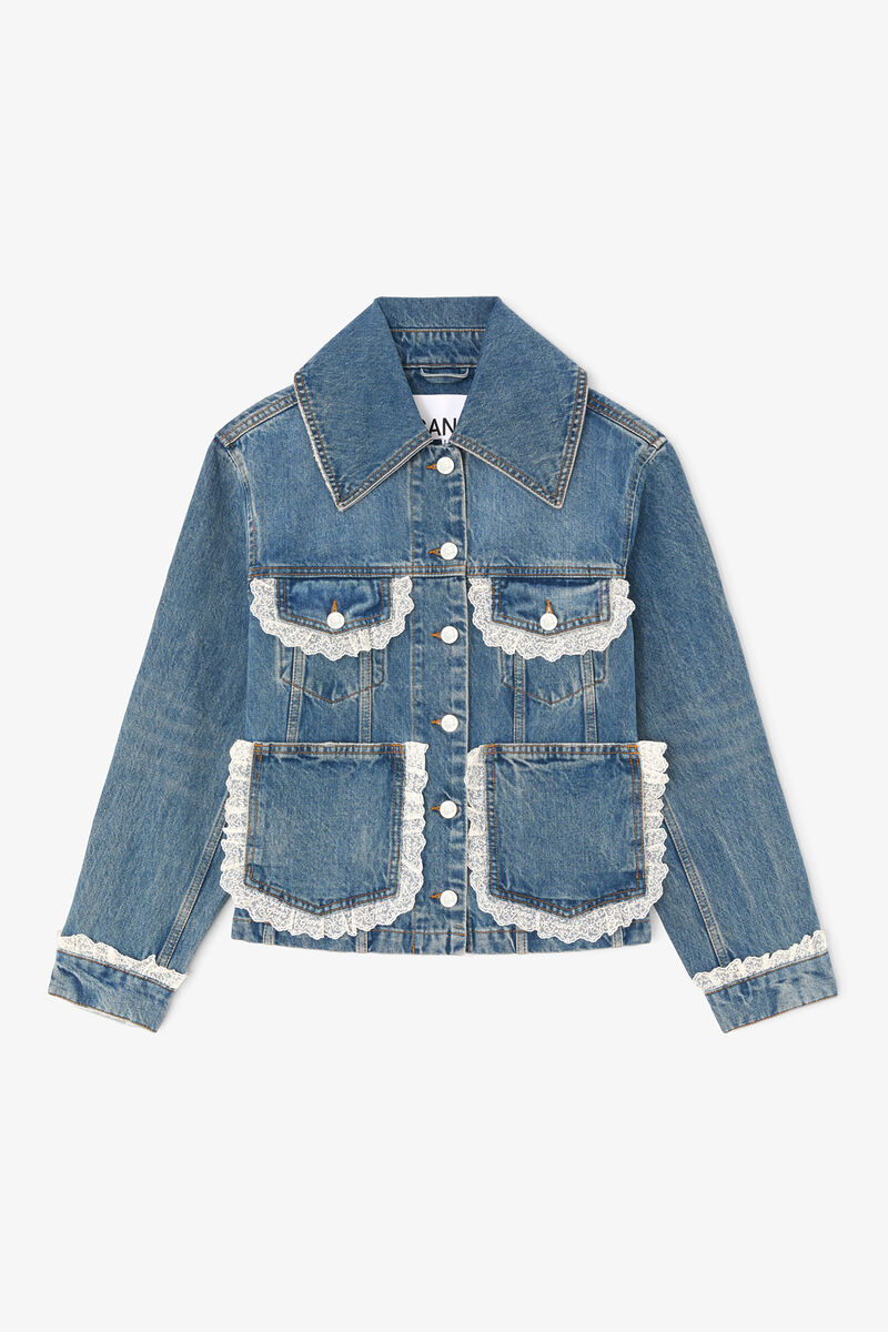 Jacket in Rigid Denim, Organic Cotton, in colour Dark Blue Vintage - 1 - GANNI