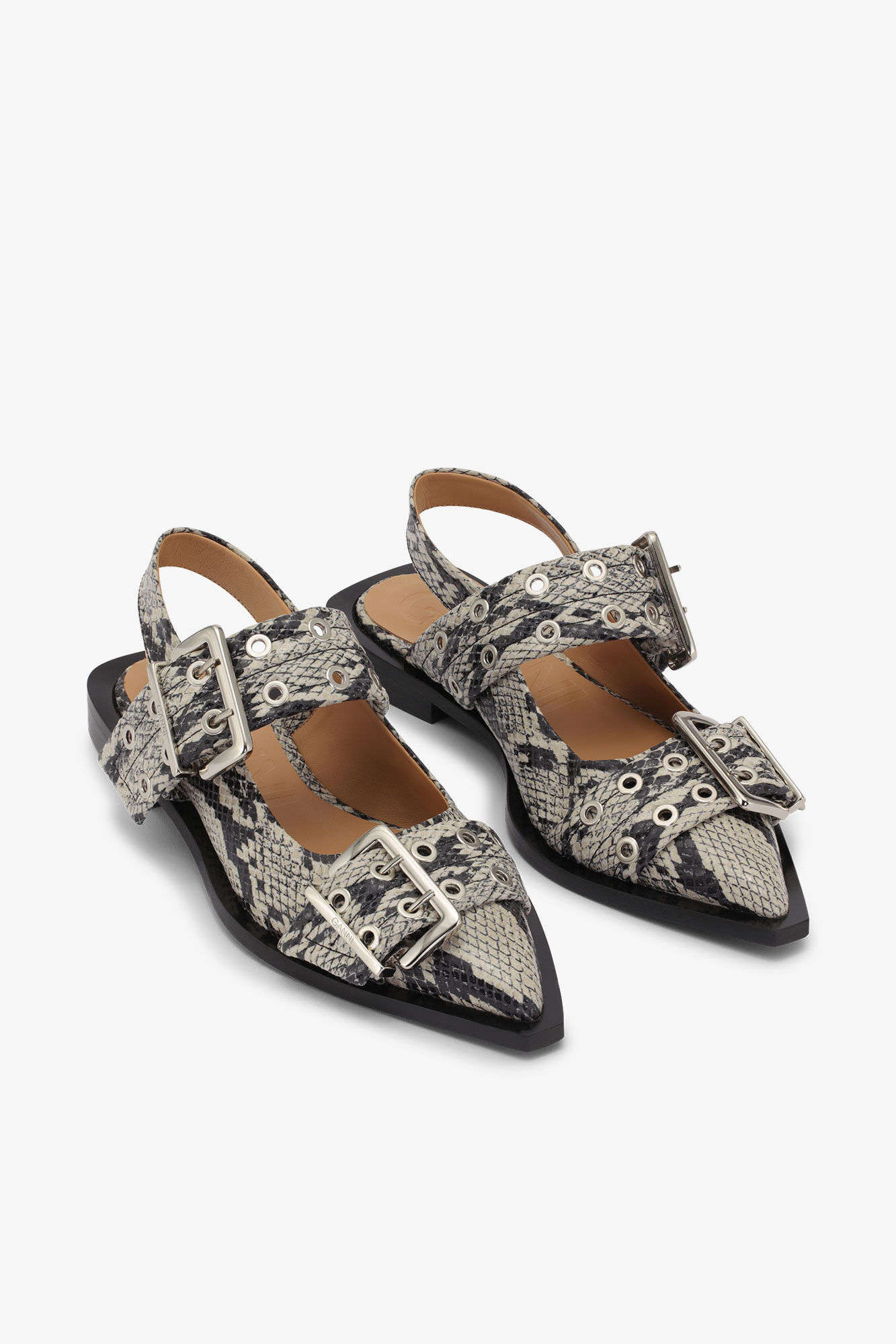 Snake Printed Chunky Buckle Ballerinas, Recycled Polyester, in colour Sand - 2 - GANNI
