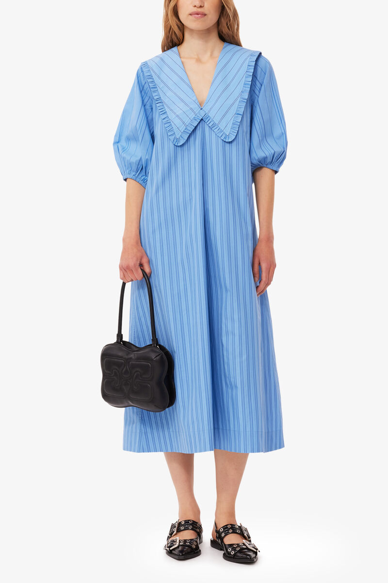 Re-cut Striped Cotton V-Neck Maxi Dress, Organic Cotton, in colour Silver Lake Blue - 1 - GANNI