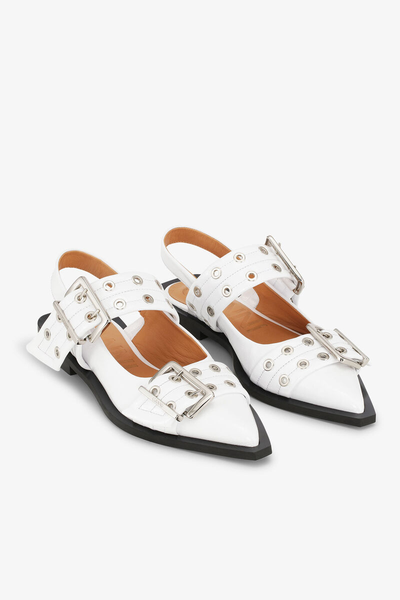 White Wide Welt Buckle Ballerinas, Calf Leather, in colour Egret - 2 - GANNI