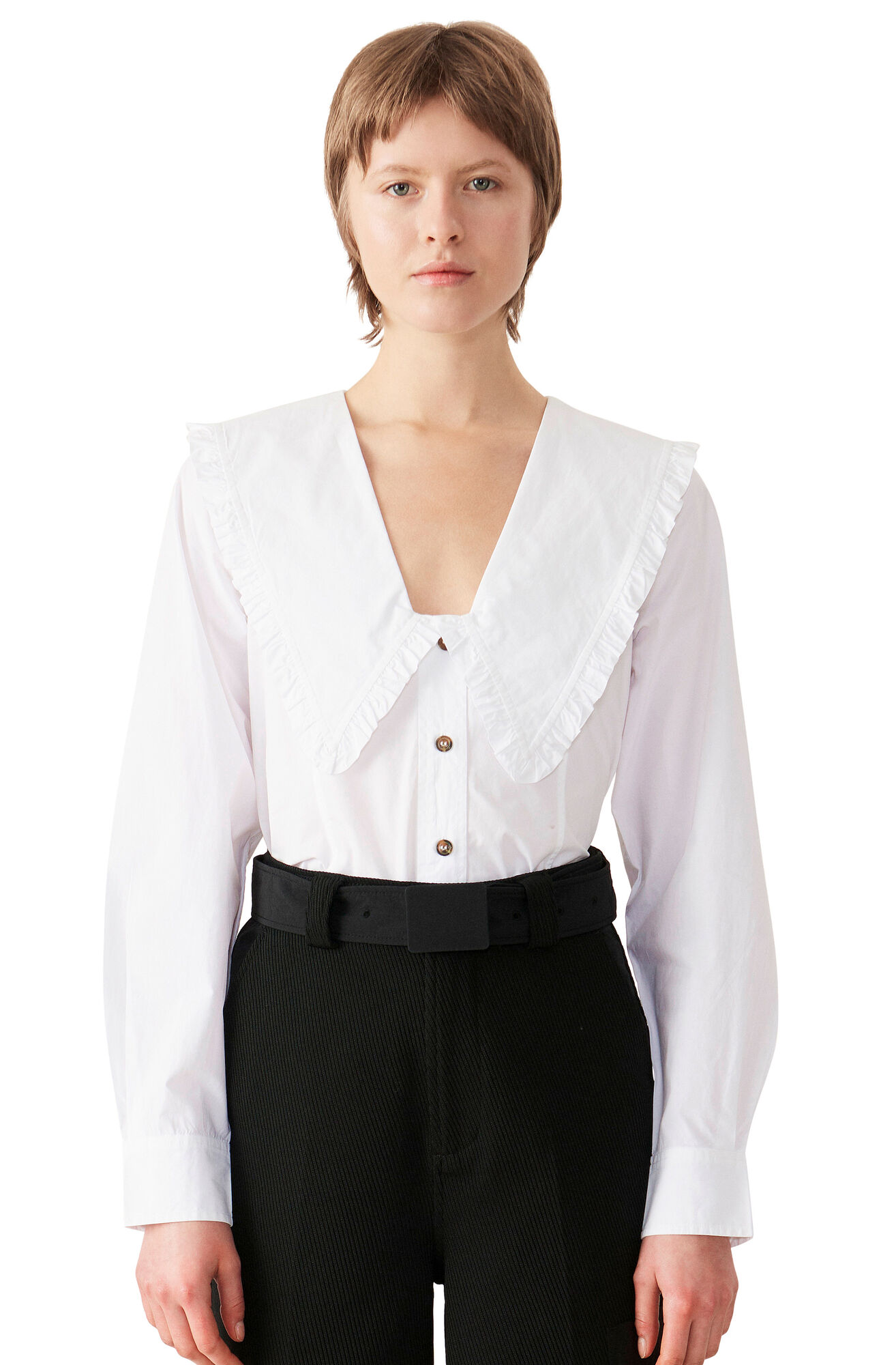 Ruffled Drop Shoulder Skjorte, Cotton, in colour Bright White - 1 - GANNI