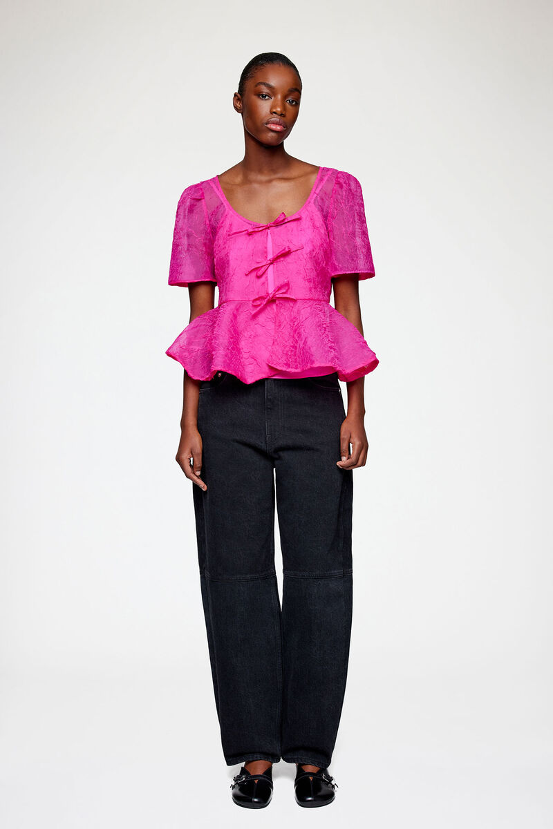 Peplum Blouse in Shibori Organza, Recycled Polyester, in colour Raspberry Rose - 1 - GANNI