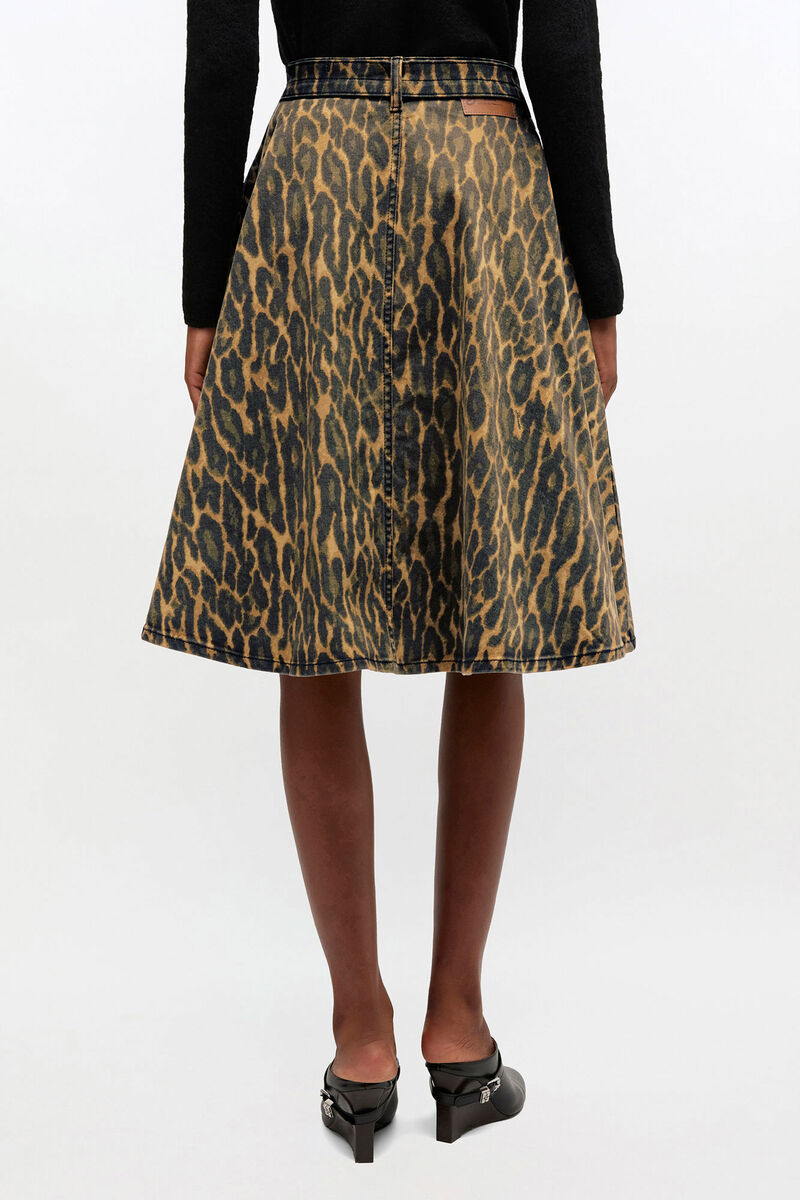 Leopard Denim Wrap Skirt, Organic Cotton, in colour Khaki - 3 - GANNI