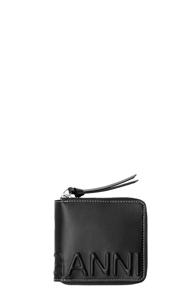 Banner Compact Zip Around Wallet, Leather, in colour Black - 1 - GANNI