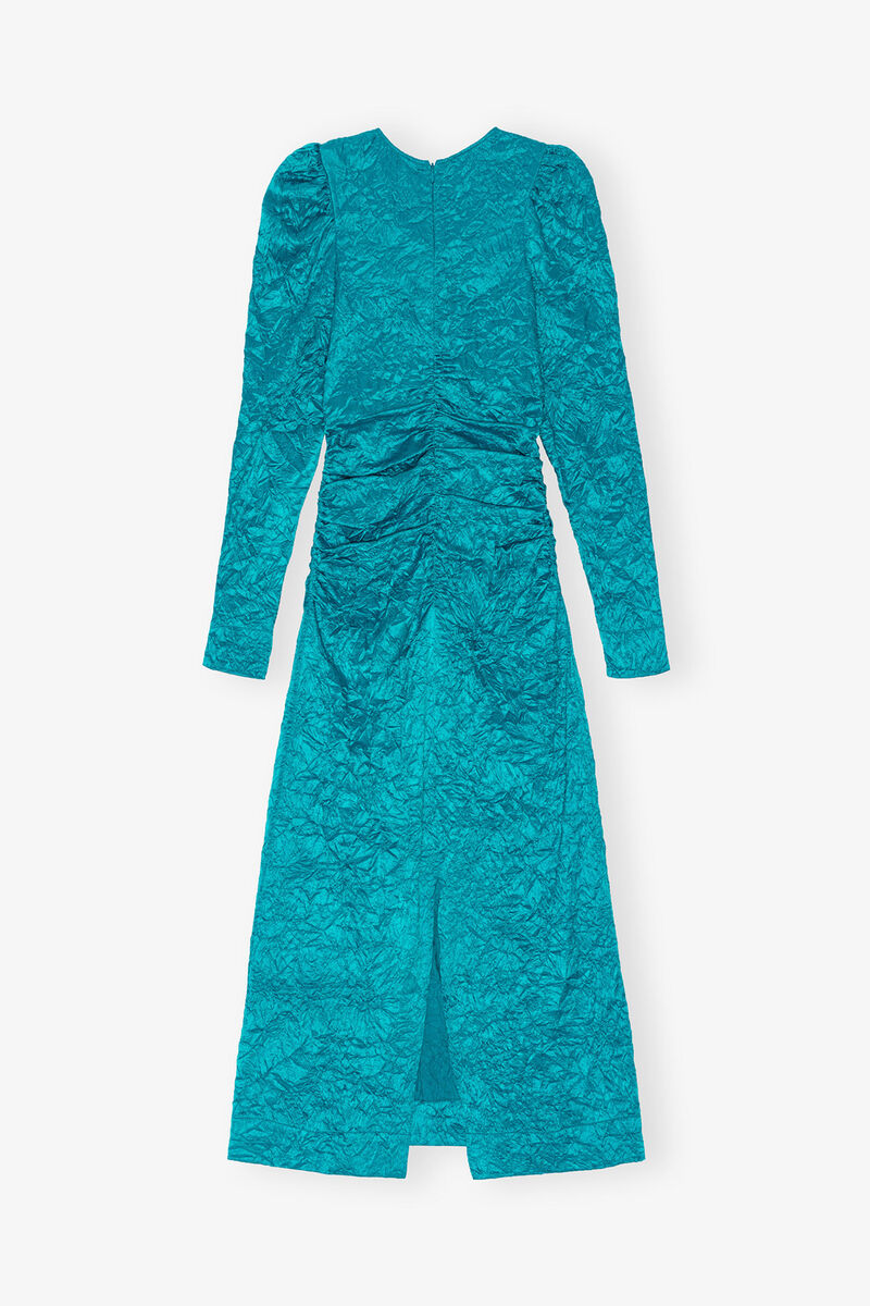 Blue Crinkled Satin O-Neck Midi Dress, Recycled Polyester, in colour Algiers Blue - 2 - GANNI
